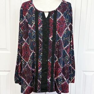 Catherines Colorful Black Multi Paisley Patchwork Lace Front Blouse 2X